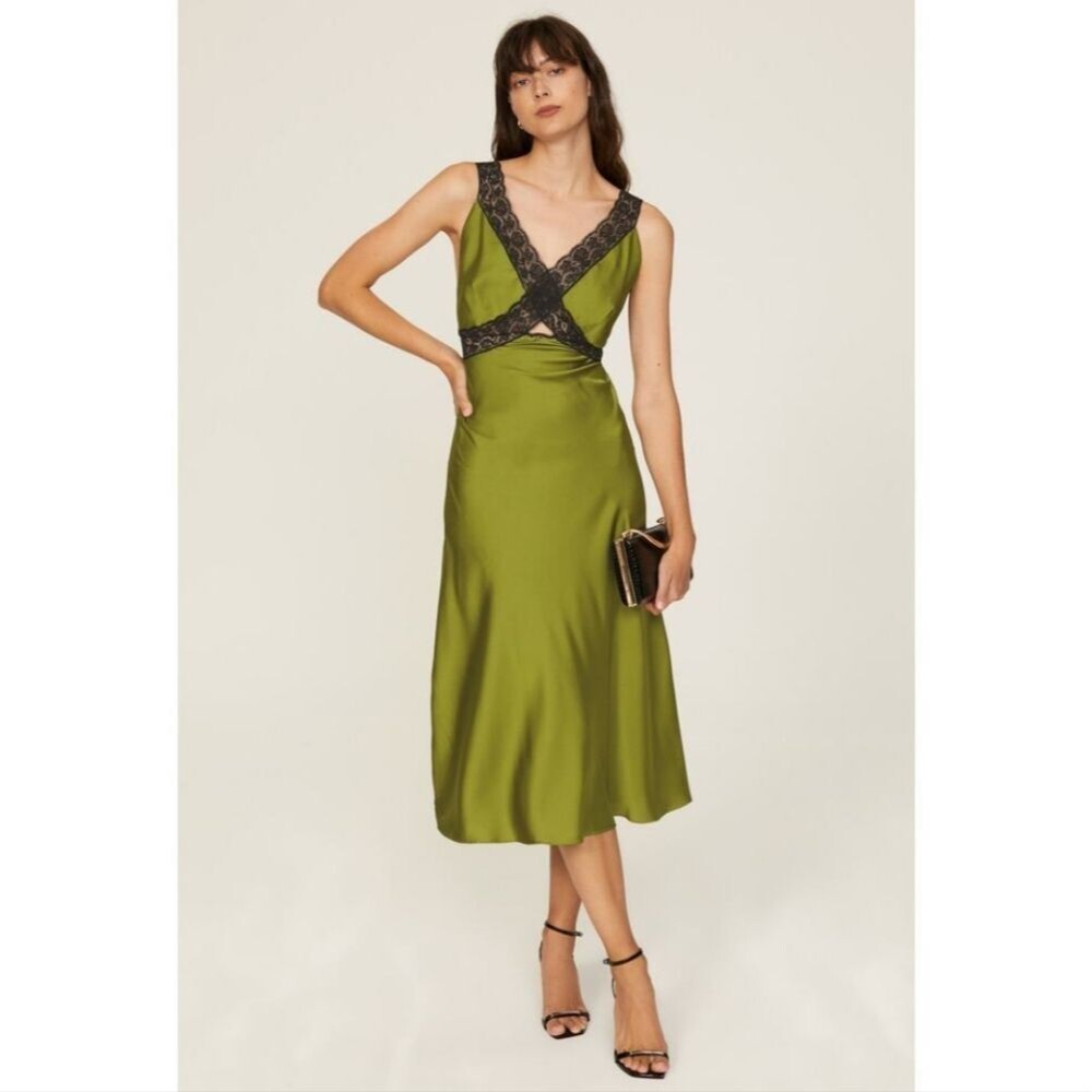 Samantha Sipos New York Nasrin Satin Lace Green Black Slip Dress Size S